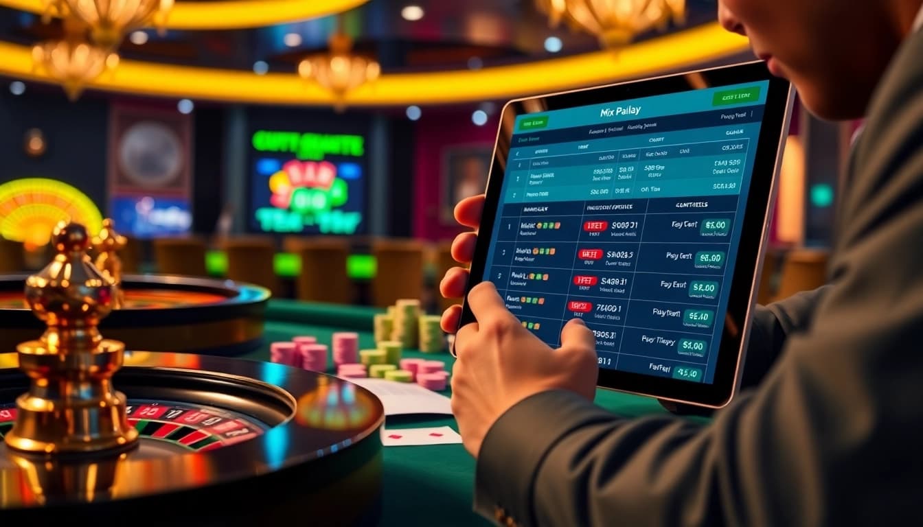 Explore Mix Parlay betting options on a sleek online gambling interface with vibrant casino elements.