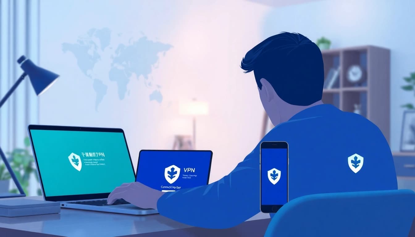 现代办公室中多设备上的快连 VPN 徽标，展示无缝连接。