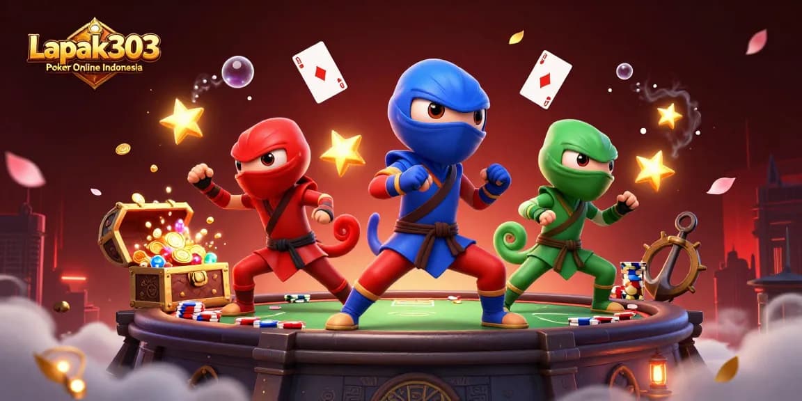 Experience Lapak303 Poker Online Indonesia with a vibrant 3D illustration of cartoon chameleons showcasing rich poker elements.