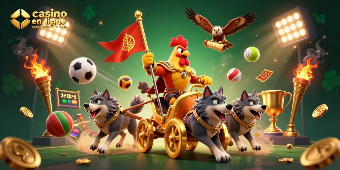 Visuel dynamique d'un "casino en ligne sans condition de retrait" avec un roi-coq guerrier et des éléments de jeu captivants.