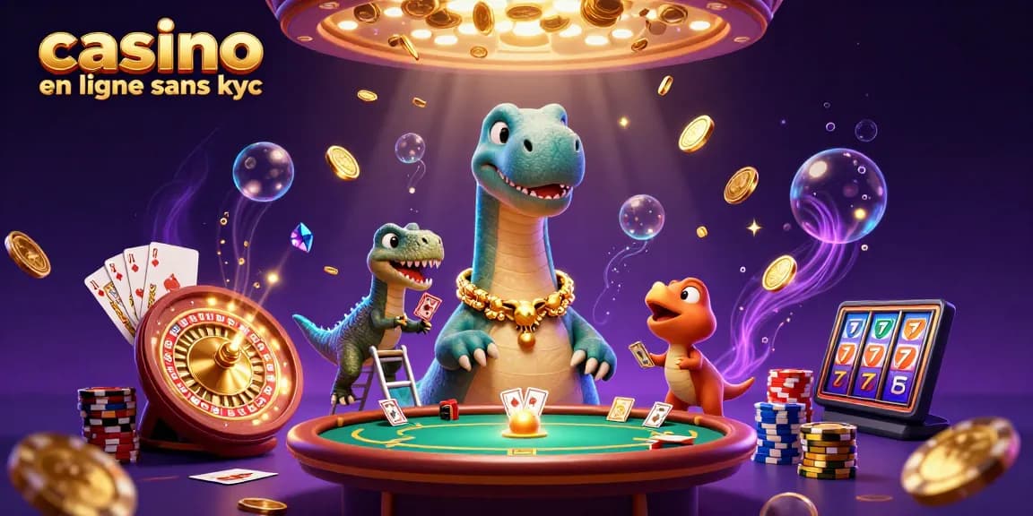Jouez au casino en ligne sans KYC, découvrez une scène ludique avec des dinosaures et des éléments de jeu.