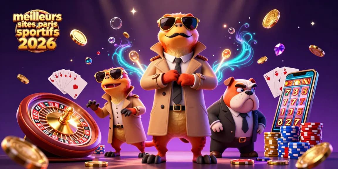 Illustration des meilleurs sites de paris sportifs 2026 : des raptors en trench coat entrant dans un casino VIP.
