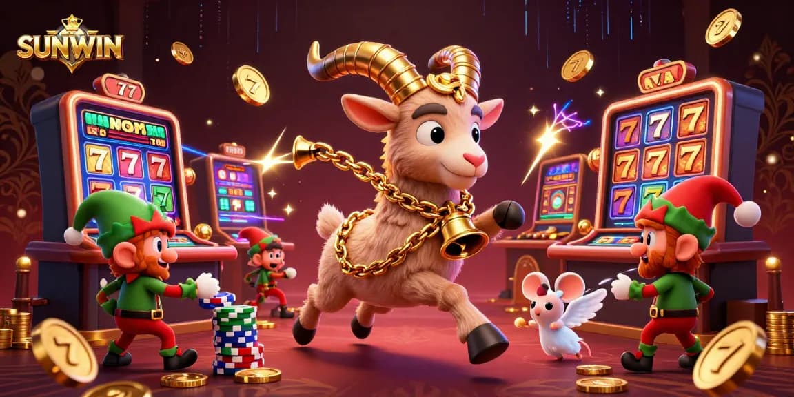 SUNWIN showcases a vibrant 3D casino scene with festive characters, jackpots, and dynamic game elements.