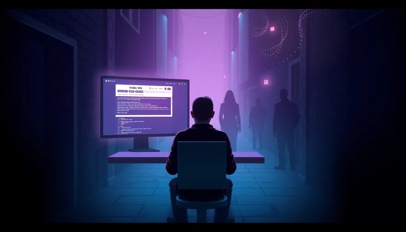 Visual representation of the Hidden Wiki concept, featuring a futuristic explorer and dark web ambiance.