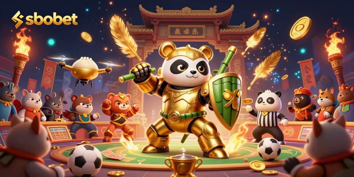 SBOBET sports betting arena featuring a mech-suit golden panda amid cheering spectators and dynamic betting elements.