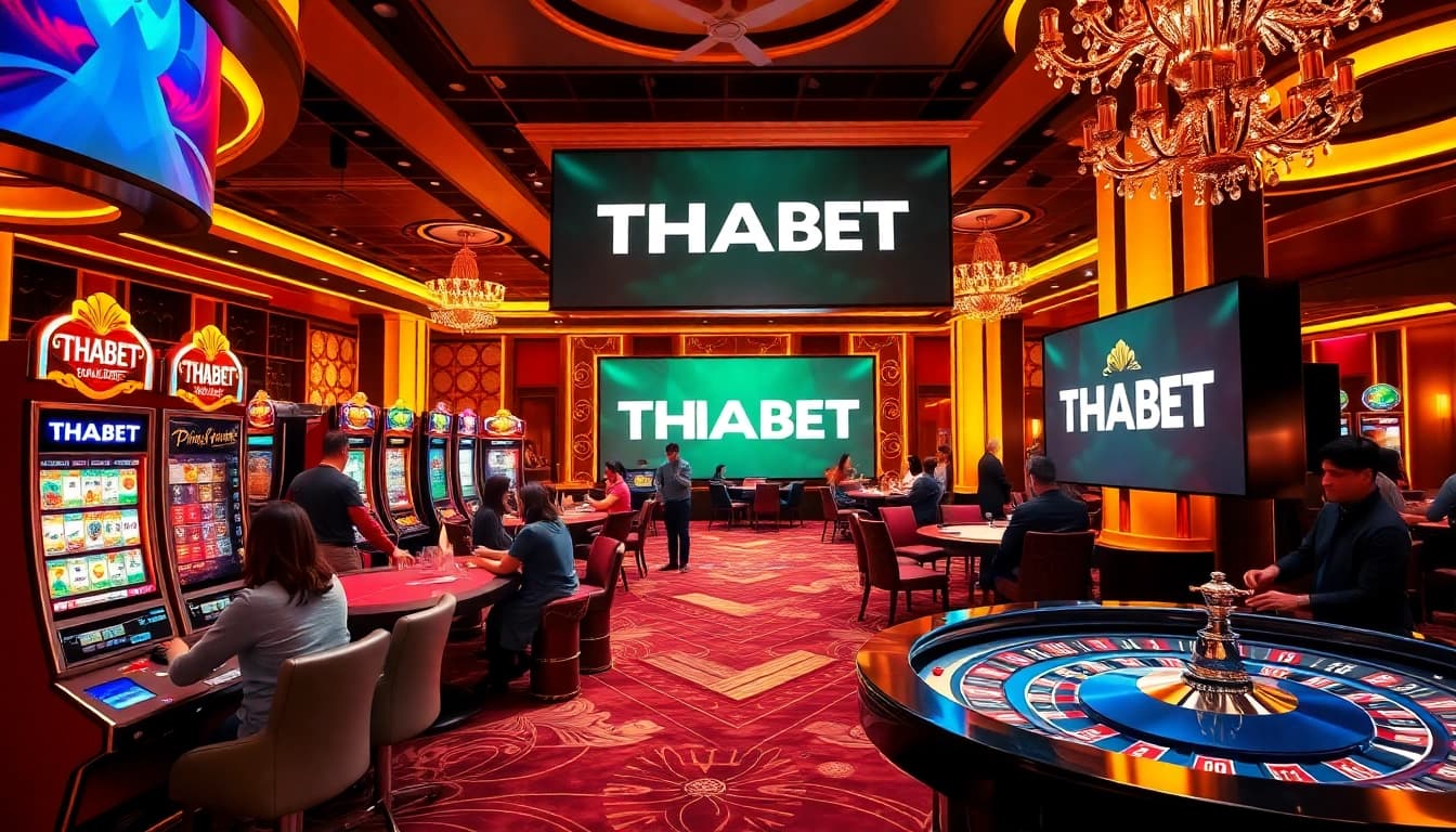 THABET casino atmosphere showcasing lively players engaging with slot machines and poker tables.