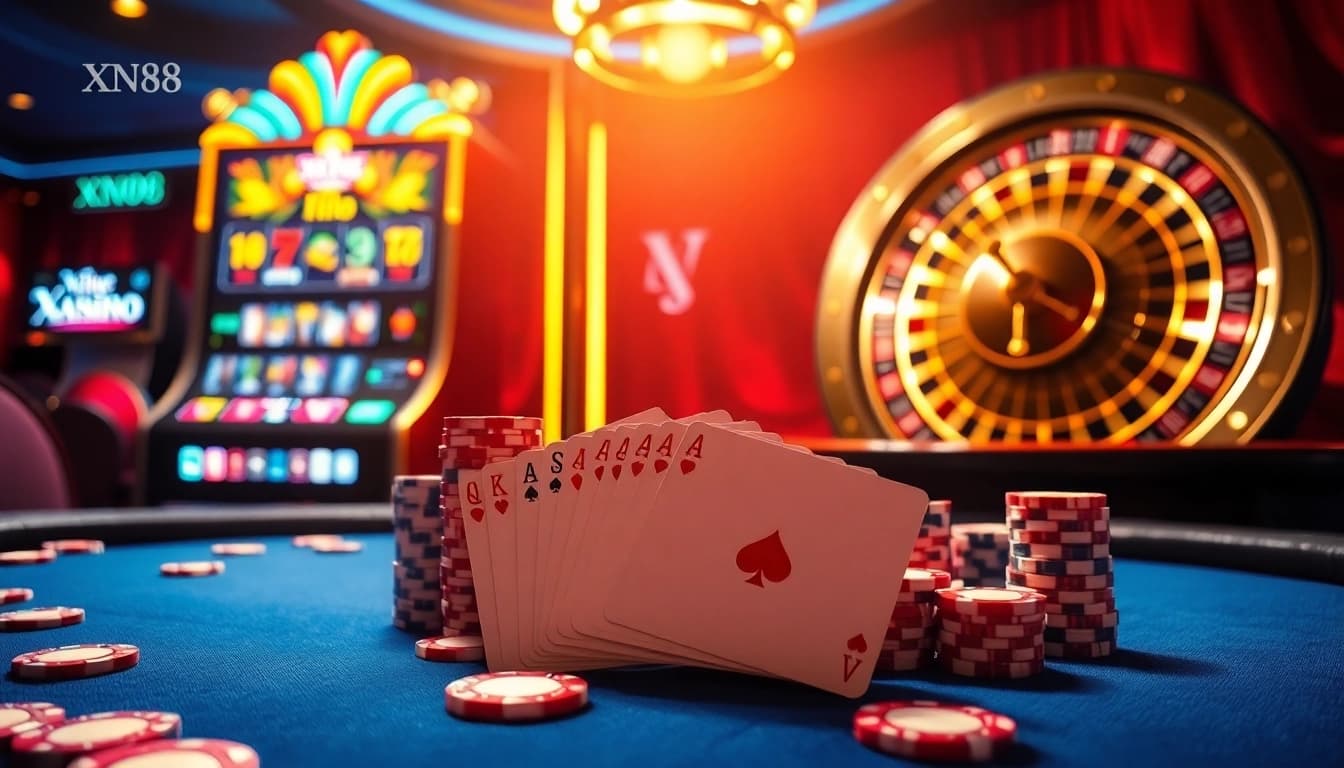 Experience thrilling gameplay at XN88's glamorous poker table surrounded by vibrant slot machines.