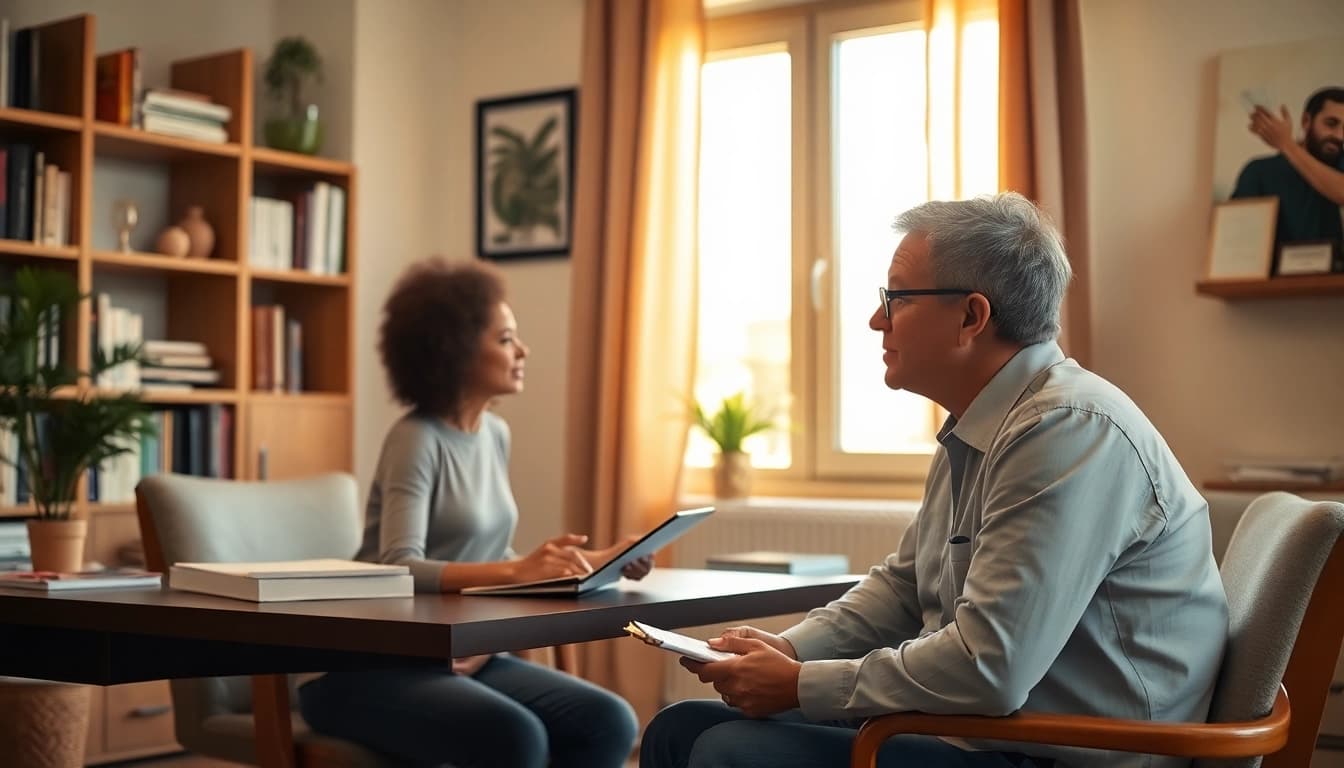 This engaging scene highlights a therapist discussing depression symptoms with a patient in a calm setting.