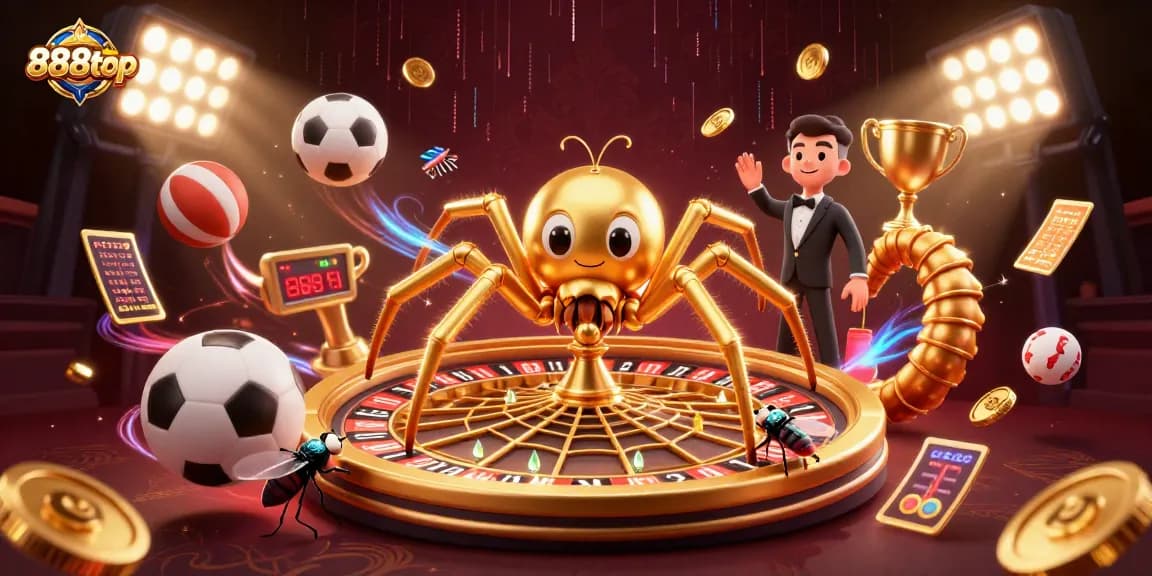 Experience thrilling bets at 888top with a dynamic 3D casino scene featuring a spider spinning roulette.