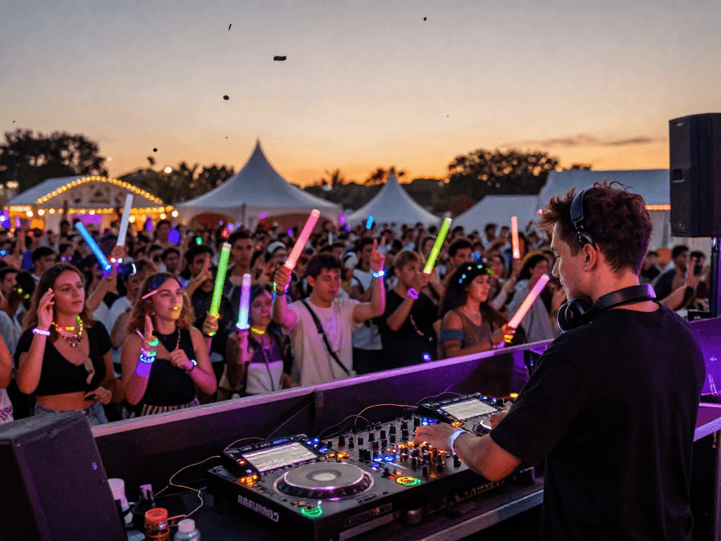 DJARUMBOS DJ performing at a vibrant outdoor music festival with colorful lights and lively crowd.