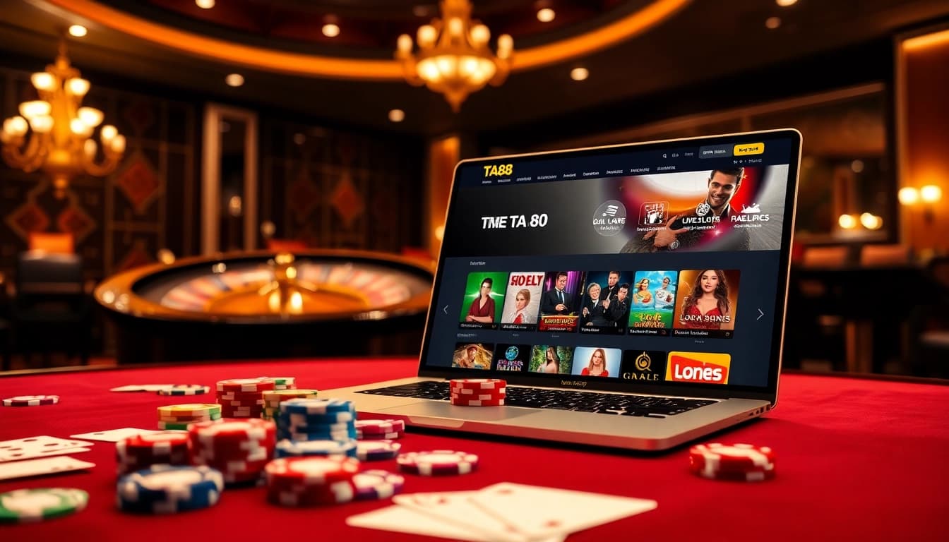 Exciting online gaming action at TA88 casino with poker chips and roulette wheel.