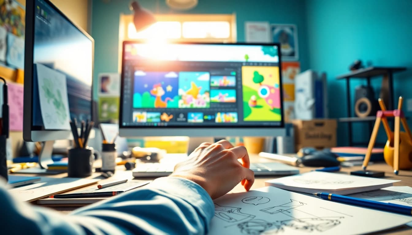 Erkläranimation in einem kreativen Studio, wo ein Animator lebendige Animationen erstellt.