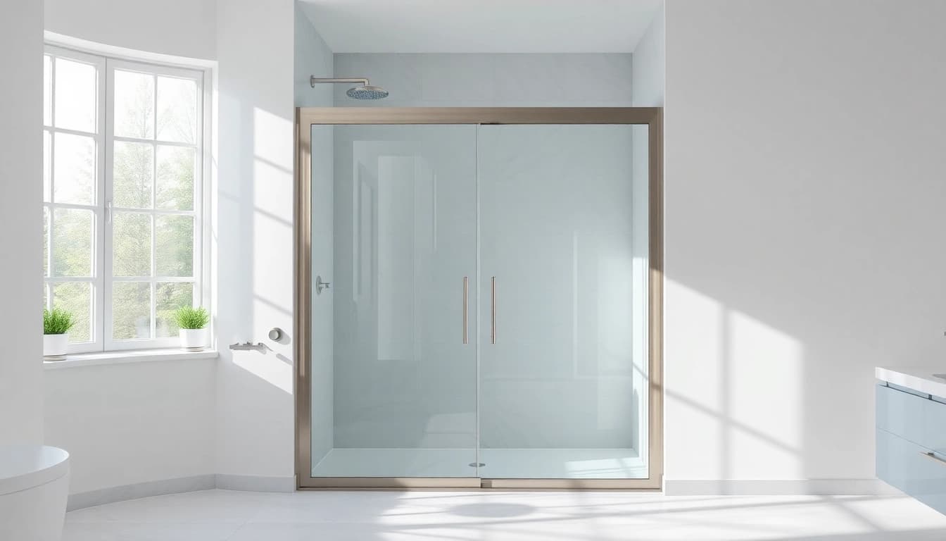 View of stylish shower sliding doors in a contemporary bathroom with natural light.