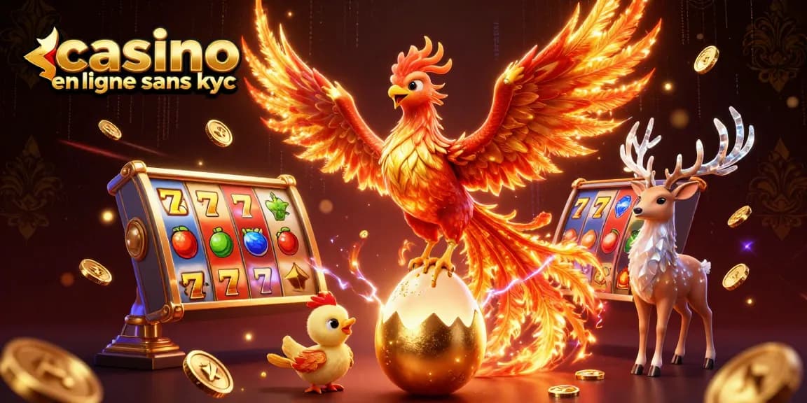 Découvrez l'univers captivant d'un casino en ligne sans KYC, avec une illustration dynamique d'un phoenix et de jeux de machines à sous.