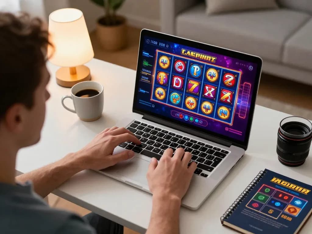 Engaging with situs slot games on a laptop in a cozy home environment during an online gaming session.
