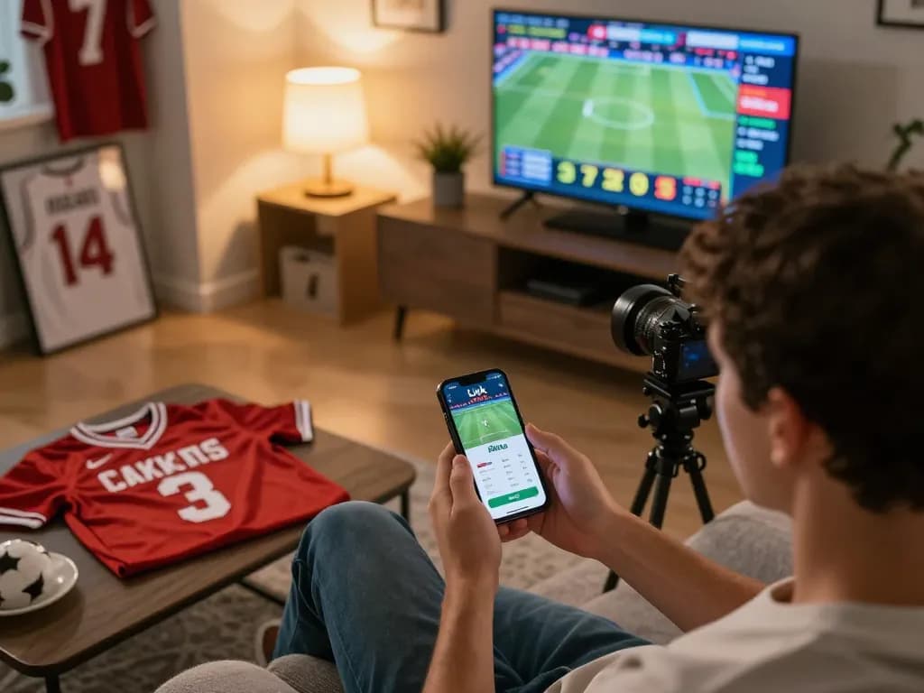 Place bets using Link 79king on a smartphone in a lively home sports betting scene.