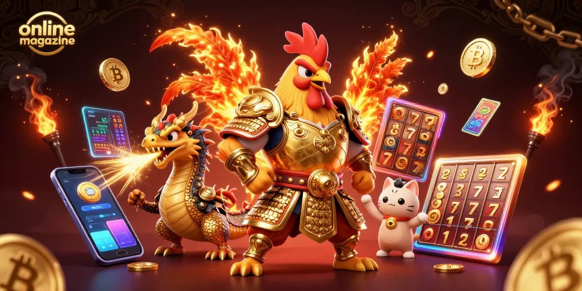 Powerful rooster warrior and dragon hatchling featured in an online magazine themed 3D digital casino scene.