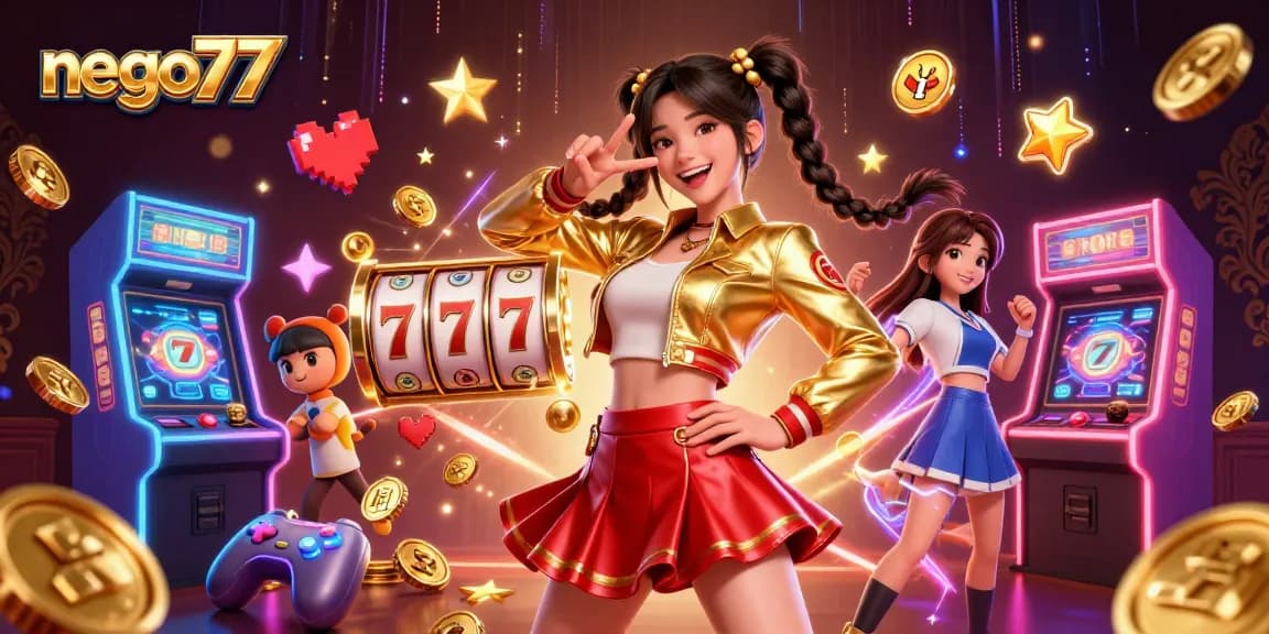 Experience euphoric winnings at nego77 with a vibrant casino illustration showcasing fun gaming elements.
