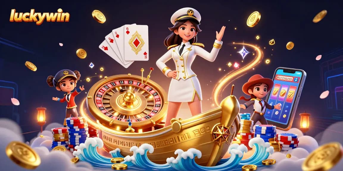 Win big with luckywin in this vibrant 3D casino scene showcasing rich gaming elements.