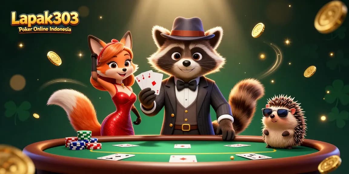 Join the thrill at Lapak303 Poker Online Indonesia with a stylish raccoon and fox in action.