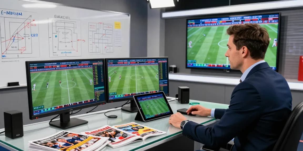 Sports analyst reviewing ty le keo nha cai with live match data and betting strategies in a vibrant studio.