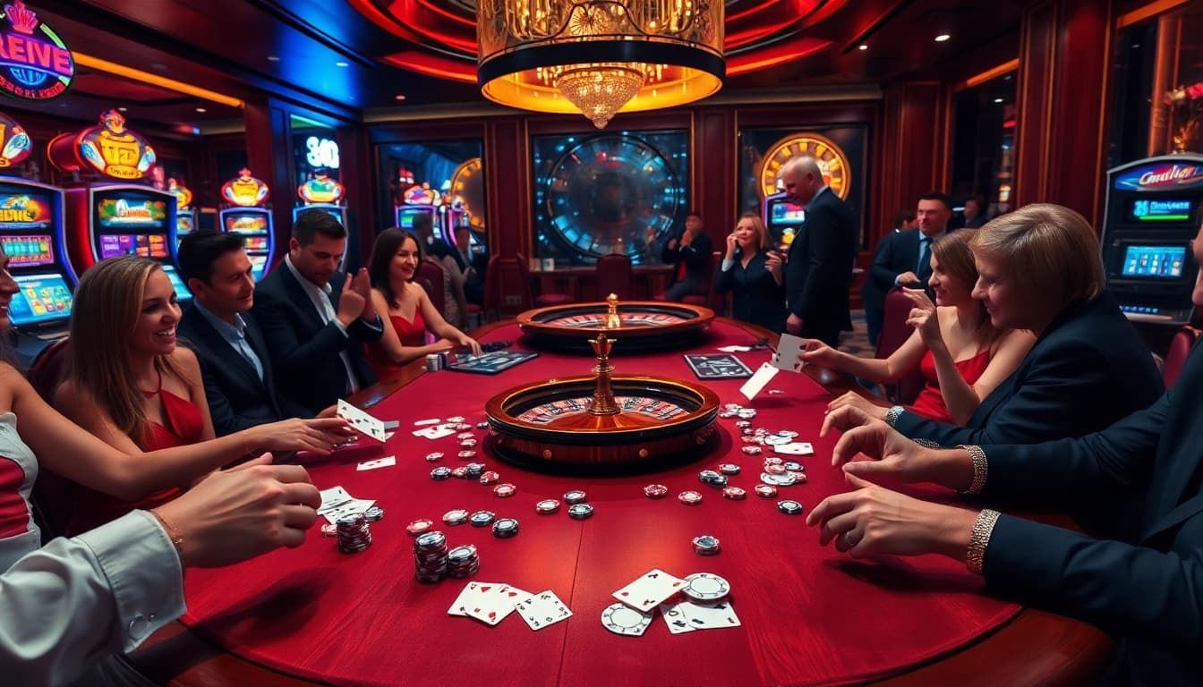 Engaged players at a luxurious poker table at https://rr88co.net/, showcasing excitement and winning moments.