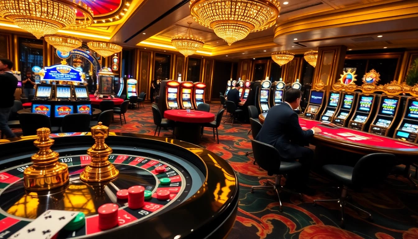 NK88 casino scene showcasing winning players at blackjack and roulette tables.