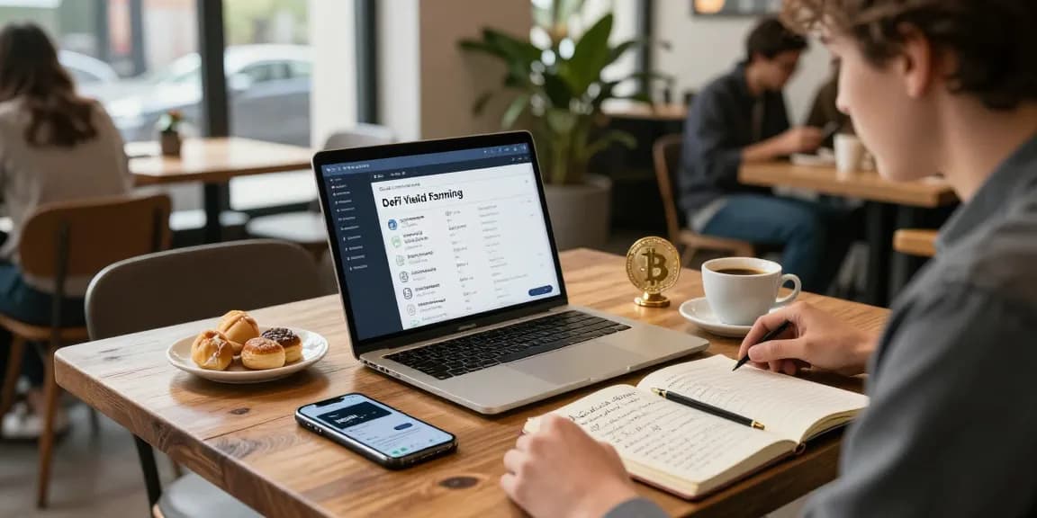 Engaging scene of a student studying a beginner cloud mining platform in a coffee shop, surrounded by crypto learning materials and a digital wallet.