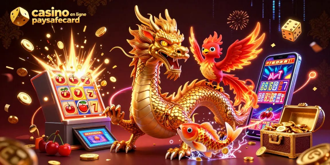 Jouez en toute sécurité avec casino en ligne paysafecard, un dragon chinois et des symboles de jackpot.