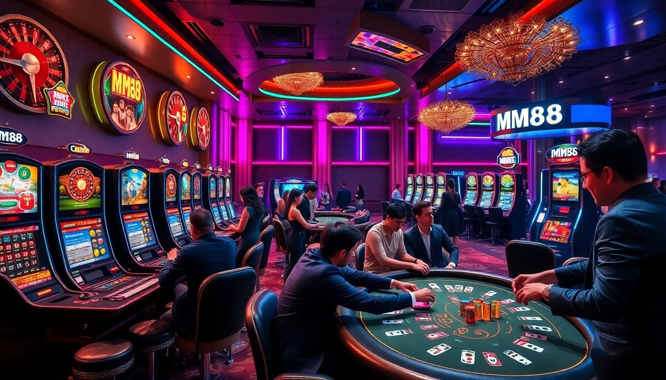 Engaged players experiencing the excitement of MM88's vibrant casino environment with slot machines and poker.