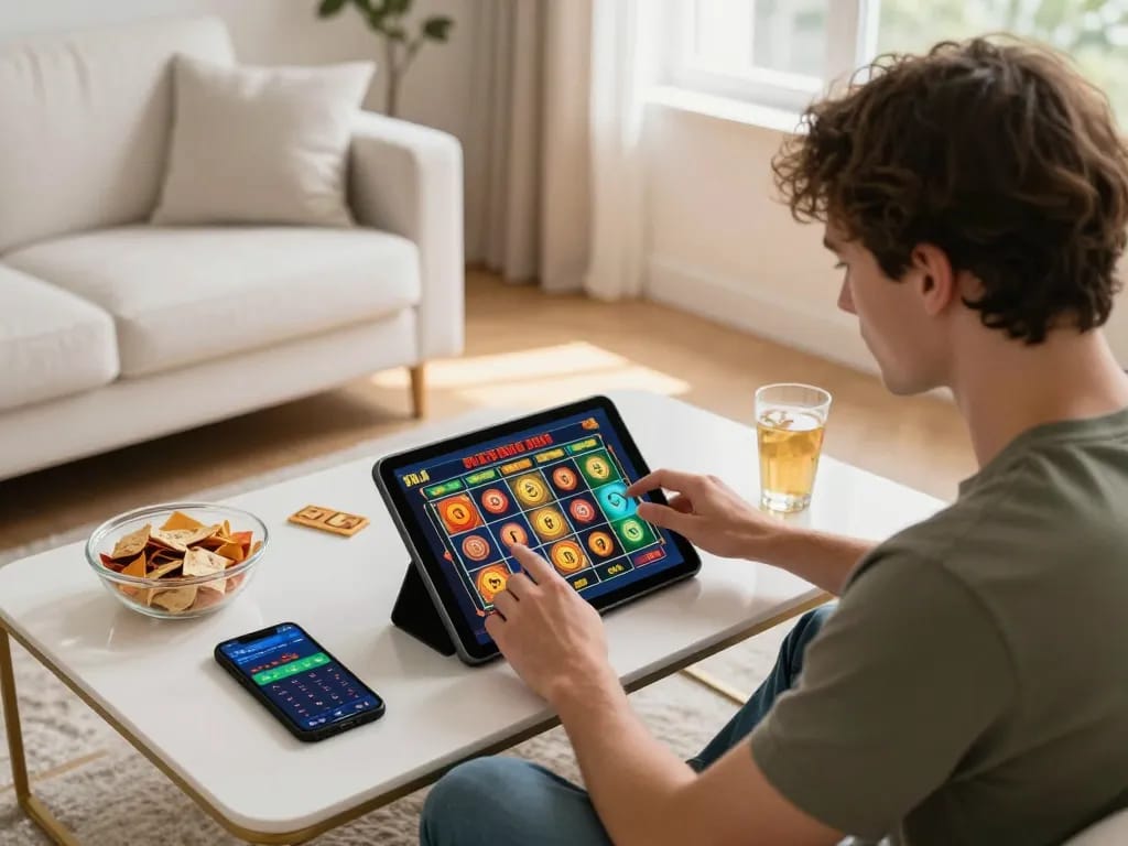 Engaging in slot deposit 1000 online gaming at home with tablet, smartphone tracking gaming stats.