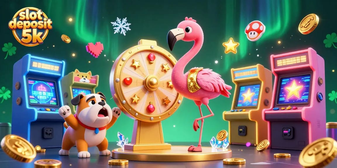 Experience the excitement of slot deposit 5k through a vibrant 3D illustration of energetic gaming characters.