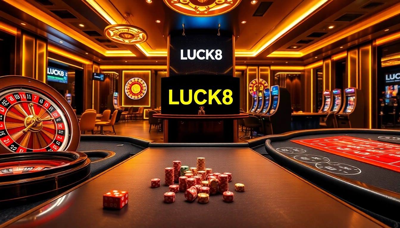 Trải nghiệm cảm giác hồi hộp cùng LUCK8 với hình ảnh casino sống động, gồm bánh xe roulette, chip poker và máy đánh bạc.