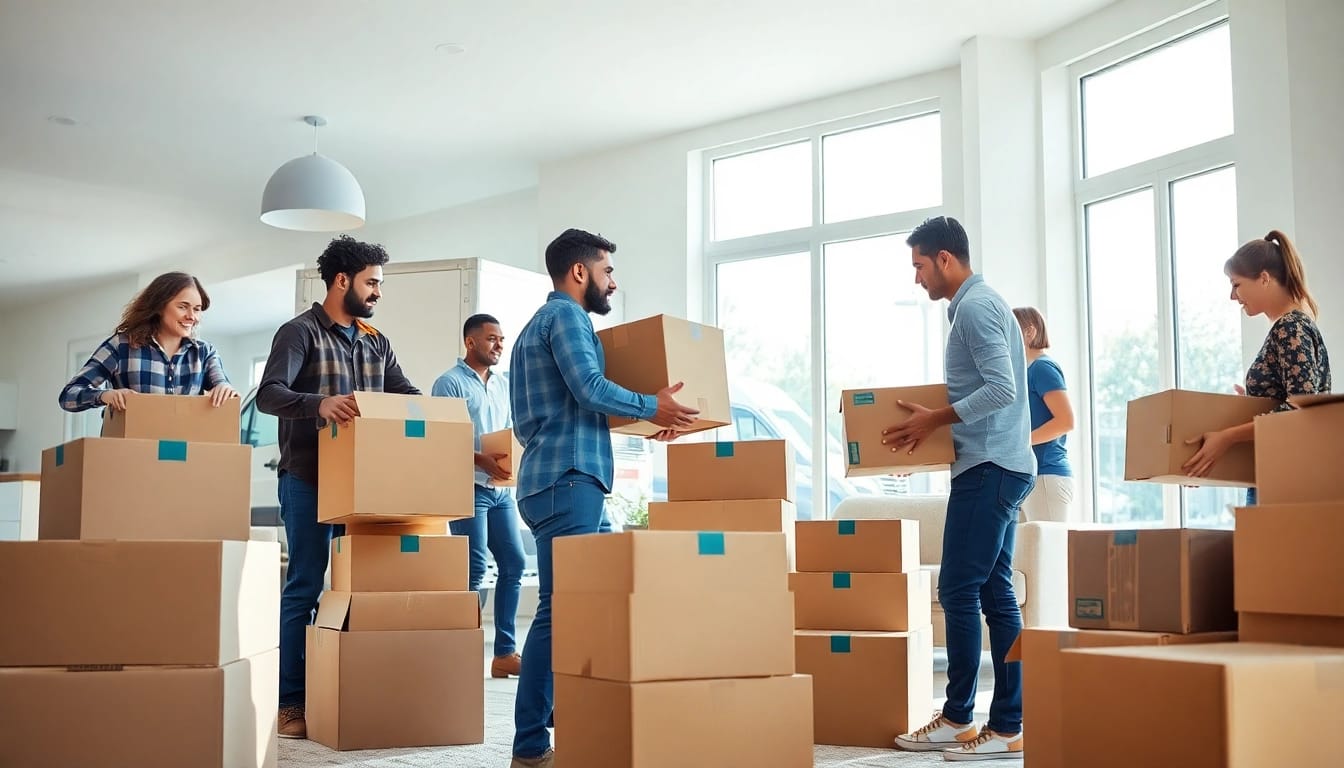 Home Movers expertly packing and lifting boxes in a bright living room, symbolizing a seamless relocation process.