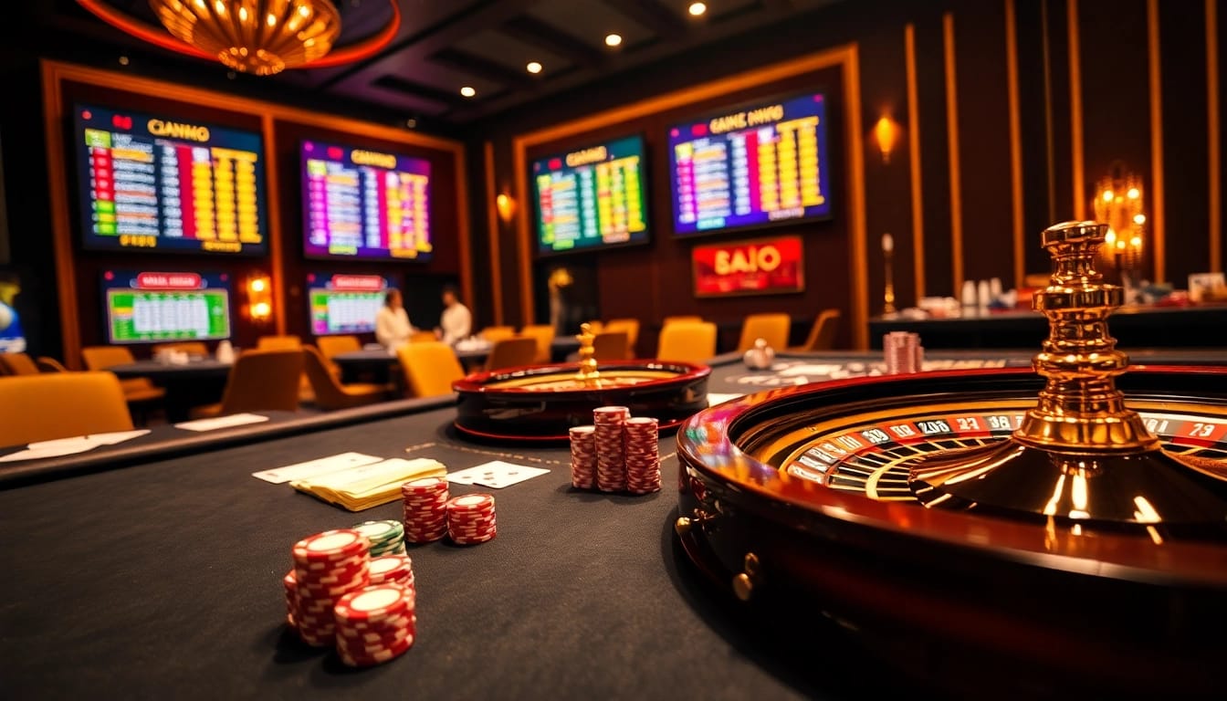 Kết quả xổ số hôm nay displayed on a vibrant casino scene featuring lottery draws, chips, and tables.