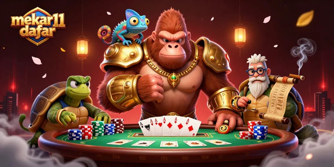 Mekar11 daftar showcases a powerful 3D gorilla king in a dynamic casino scene, exemplifying winning poker strategies.