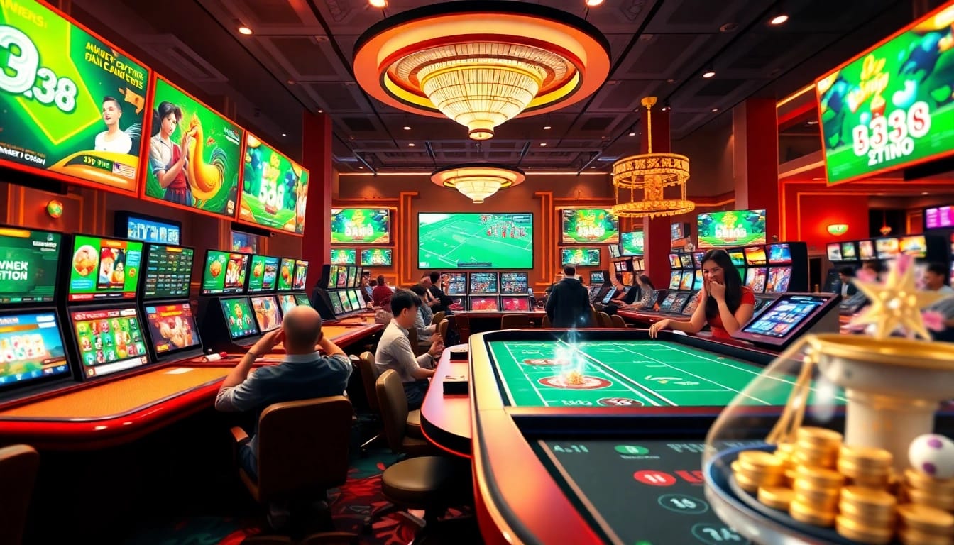Exciting online gambling scene featuring BJ38 games, showcasing thrilling chicken fighting and rich casino visuals.