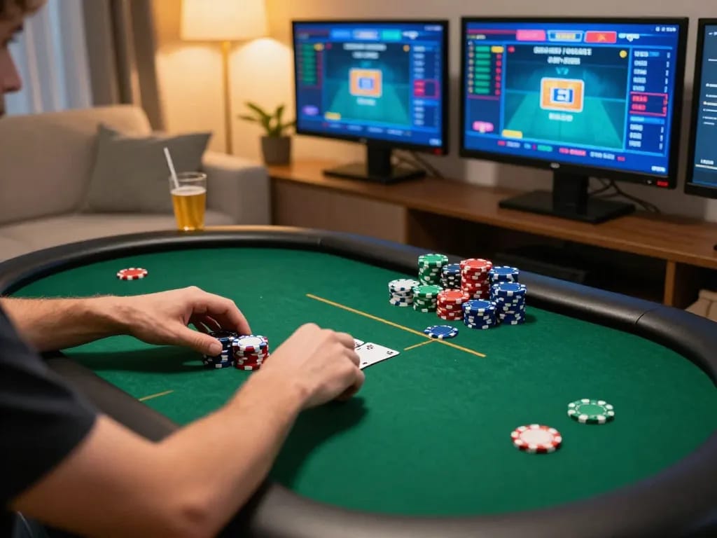 Player engaging in a thrilling online poker game at home, showcasing king33 platform and strategic gameplay.