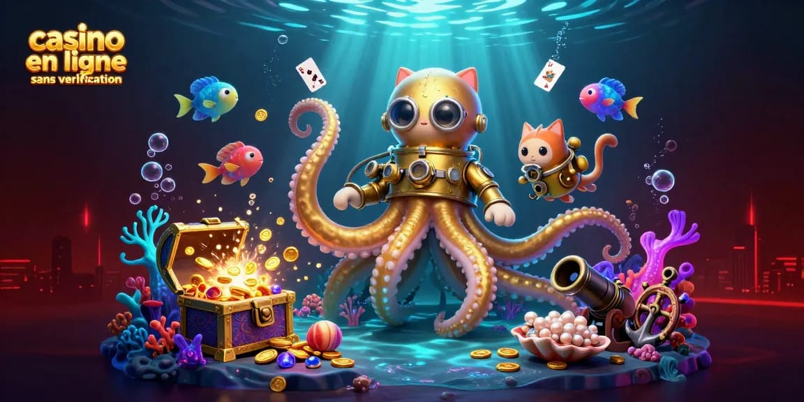 Jouez au casino en ligne sans vérification avec un kraken doré et des poissons lumineux dans une scène dynamique.