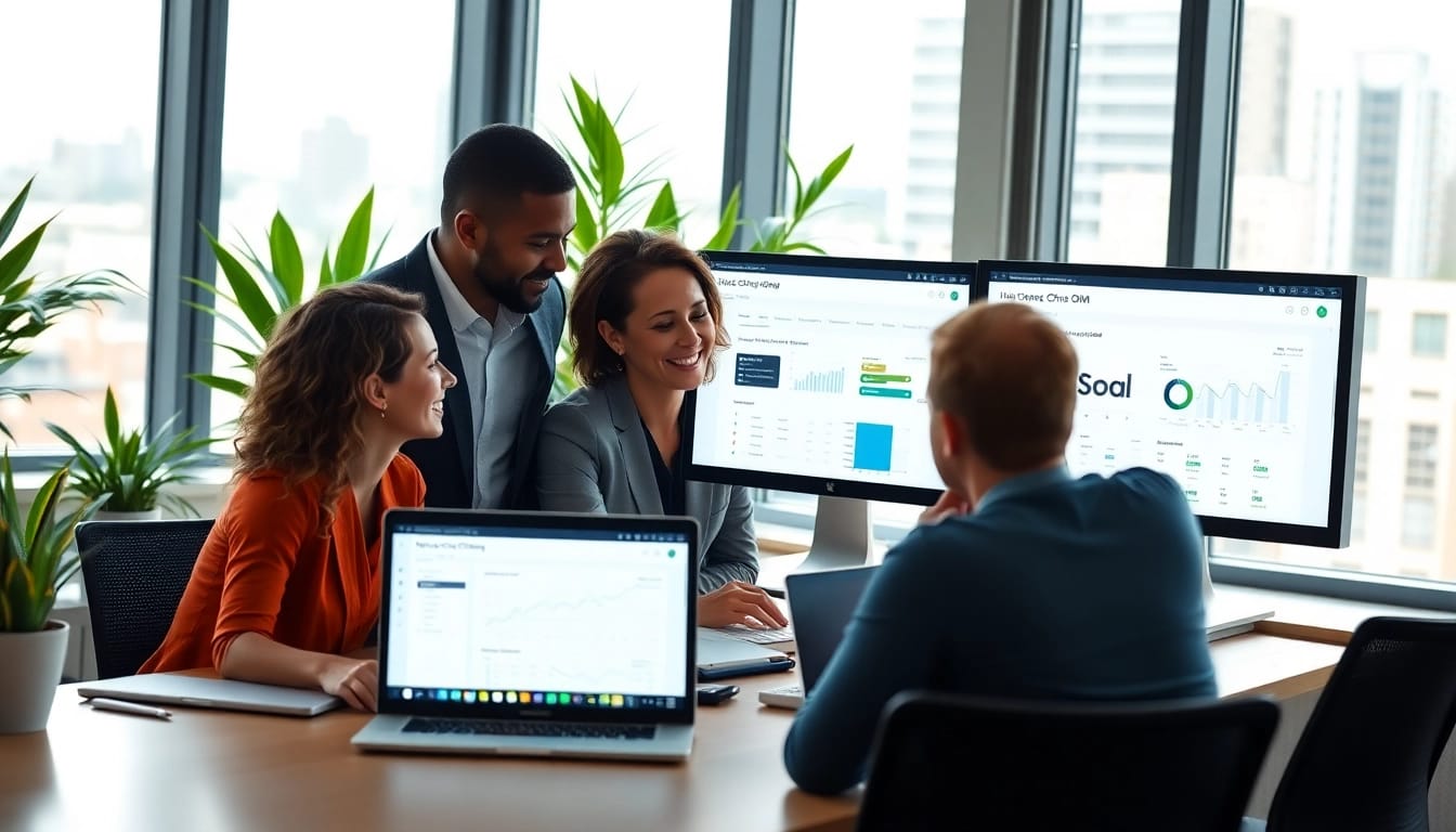 Showcase the benefits of hubspot crm free in a dynamic office environment with a collaborative team.