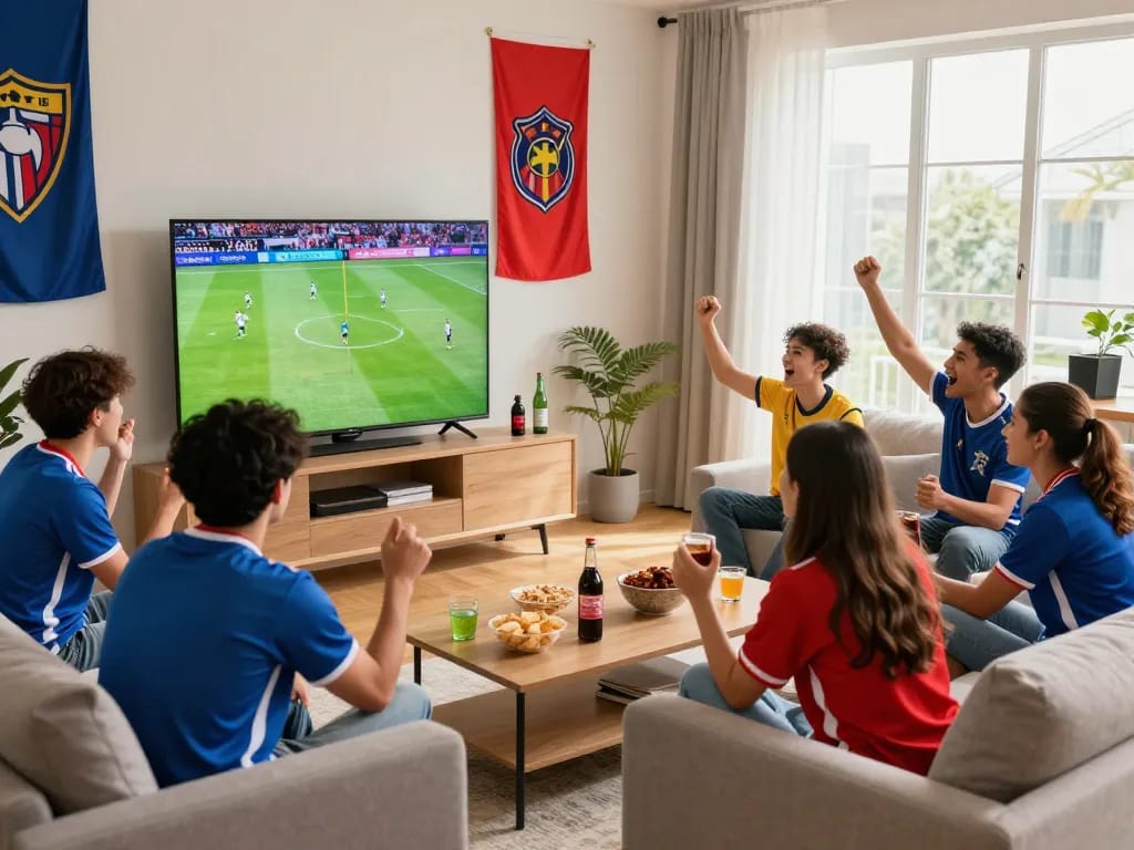 Cakhiatv viewers enjoying a live football match with friends in a lively setting.