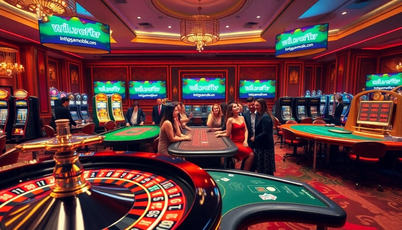 Exciting gambling action at https://jun88site.com/ featuring vibrant casino tables and players in a luxurious casino ambiance.