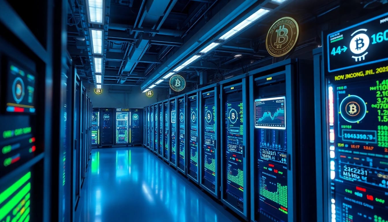 Explore the best crypto mining site with advanced mining rigs and vibrant digital currency displays in a modern setup.