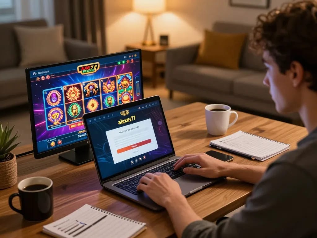 Engaging in alexis77 login on a laptop displaying exciting slot games in a cozy home setting.