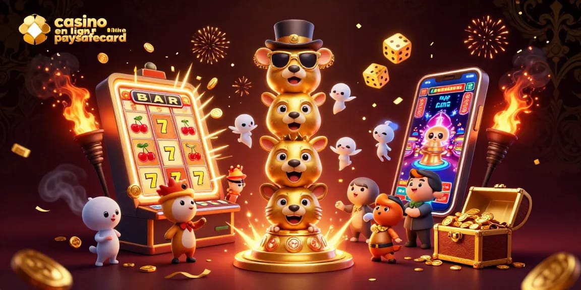 Gagnez avec casino en ligne paysafecard grâce à une illustration colorée présentant des éléments de jeu.