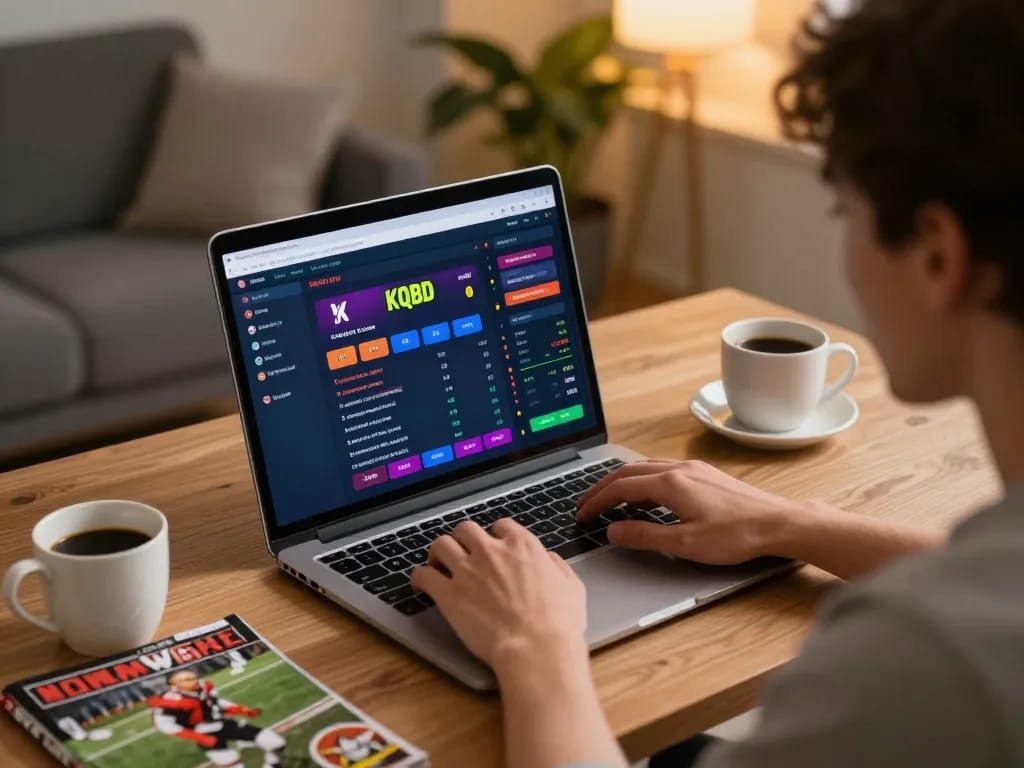 KQBD user engaging in sports betting at home on laptop with coffee and magazines