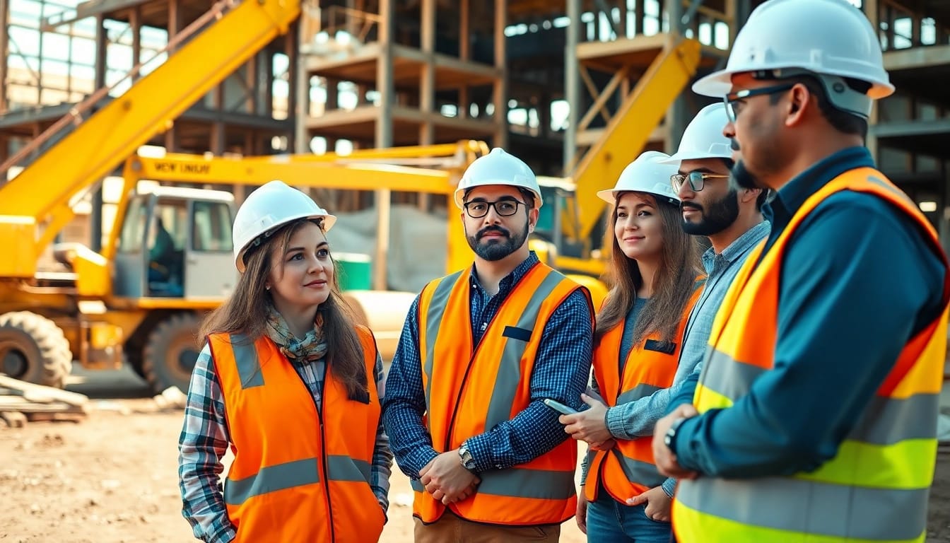 Construction association members collaborating on-site, fostering teamwork and innovation.