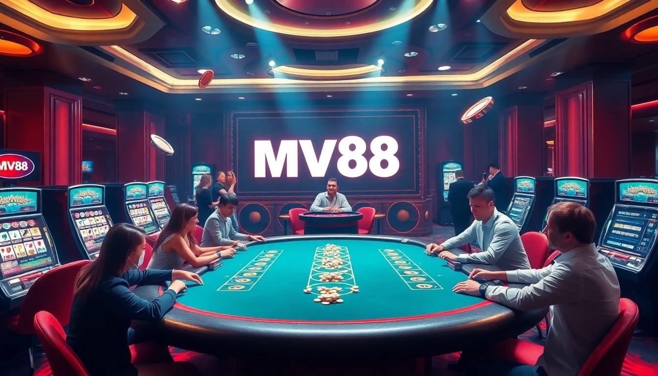 Gameplay excitement at mv88 casino with players engaged at a dynamic poker table.