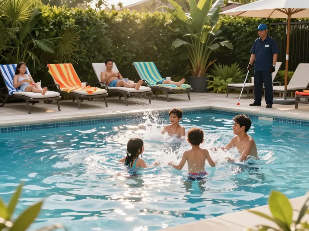 Dolphin Pool Services professionally maintaining a family pool scene with happy children swimming and parents relaxing.