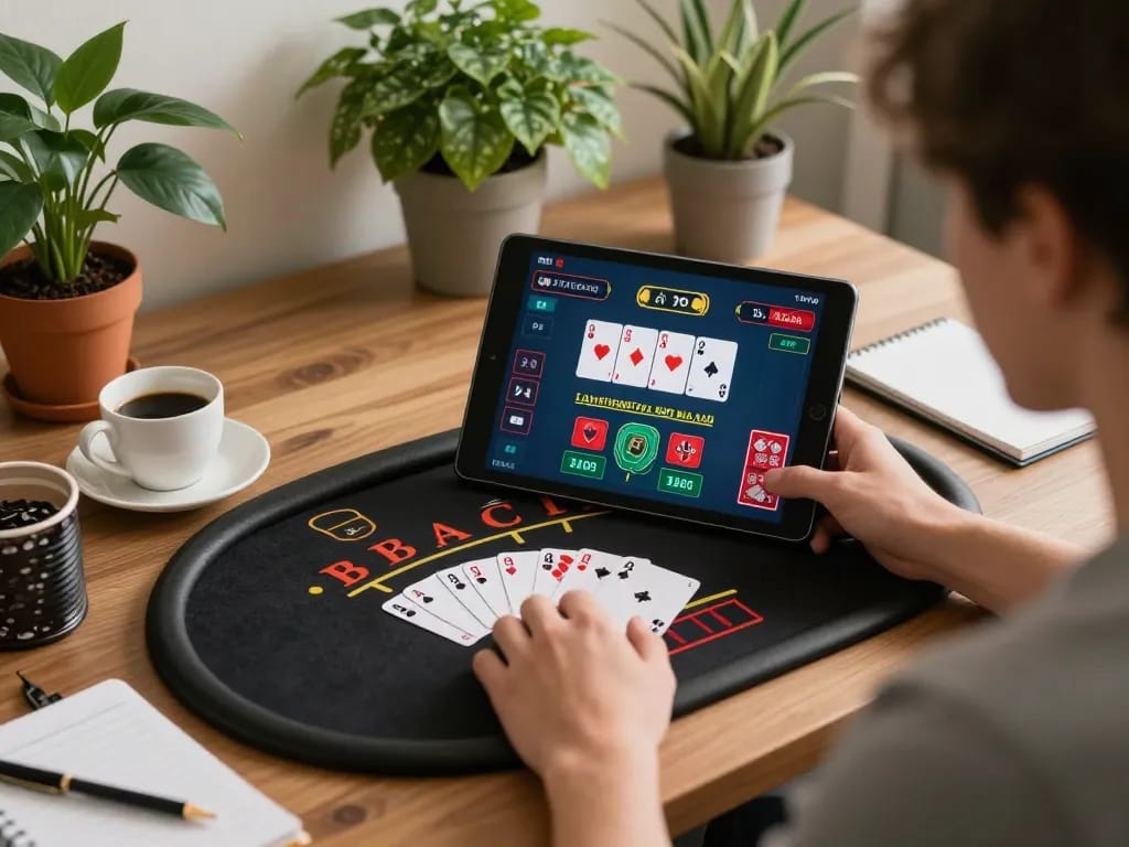 Player enjoying online blackjack on tg88 platform with tablet, surrounded by cozy home setup